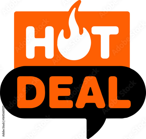 A hot deal graphic with orange square and flame and black speech bubble on a white background