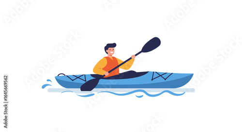 Cheerful kayaker paddling on the water, enjoying a sunny day in a blue kayak for outdoor adventure