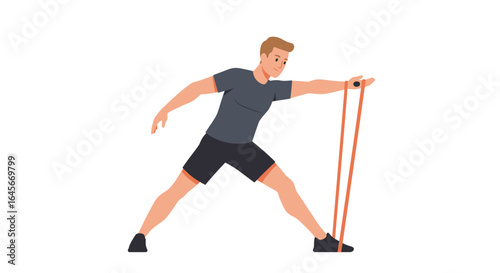 Athletic man strength training with resistance band for fitness and healthy lifestyle, vector illustration