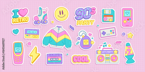 Retro stckers set of elements of 80-90s aesthetics , mobile phone, lava lamp, cassette player, cassette tapes, arcade game, music. Trendy fashion stickers of 90's retro aesthetics. Vector set	