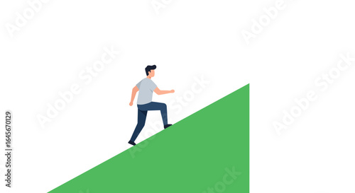 Man climbing a hill towards success, symbolizing ambition, motivation, and overcoming challenges in business life