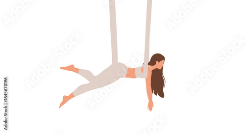 Woman gracefully practicing aerial yoga, achieving flexibility and strength in a serene, meditative space