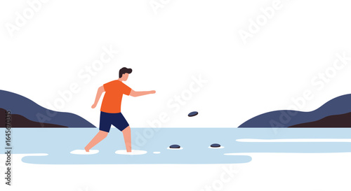 Carefree man skipping stones at a lake, enjoying a moment of leisure and recreation outdoors