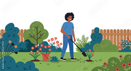 Happy gardener planting flowers in beautiful garden, enjoying spring, vector illustration