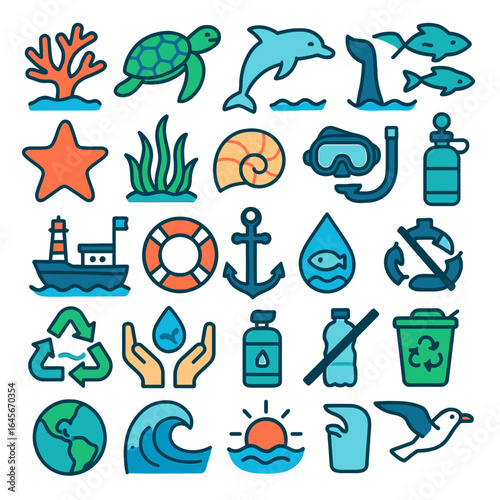 Marine icons promote ocean conservation themed visual set
