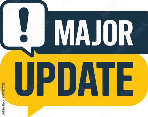 A graphic showing major update announcement with exclamation point in speech bubbles design style