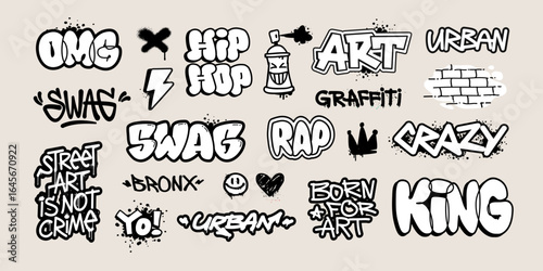 Trendy Graffiti tags and Street Art vector collection. Doodle Street art words and quotes: SWAG, King, Graffiti, Rap and Hip-Hop grunge elements for patterns and tee print design
