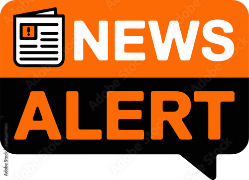 A news alert icon with a newspaper and exclamation point in orange and black on a white background