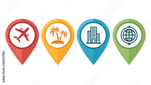 Free Download Colorful location pin icons with airplane, palm trees, building - GFXLoad