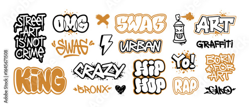 Hip-Hop set of Graffiti tags and Street Art doodle vector elements. Street art words and quotes: SWAG, King, Graffiti, Rap and Hip-Hop grunge elements for patterns and tee print design
