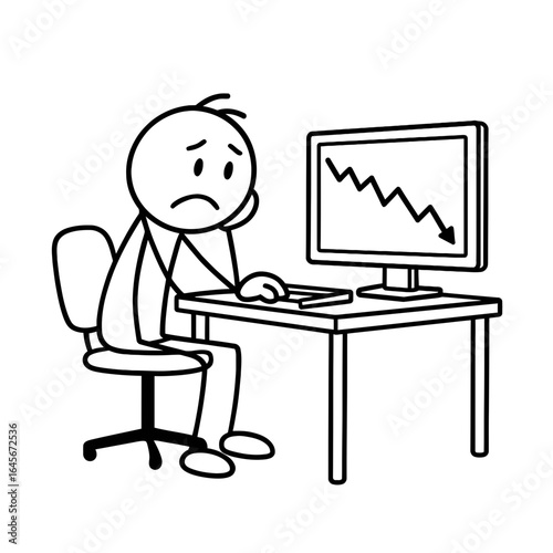 Sad stick figure at desk looking at falling graph on computer screen in office