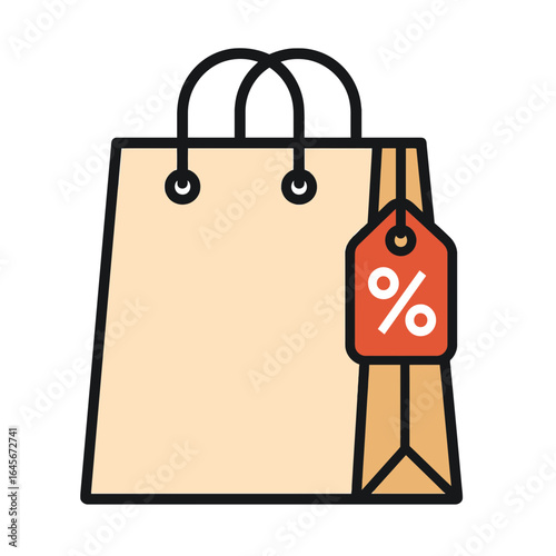 Shopping bag with red discount tag and percentage symbol in flat design style
