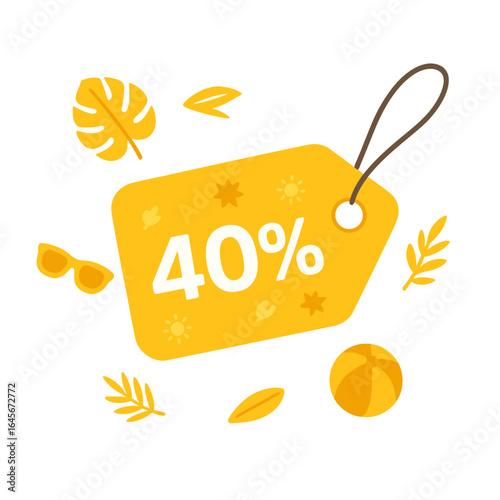 Bright yellow summer sale tag with 40 percent discount and tropical design elements