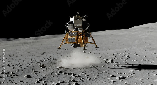 Lunar lander descending above moon's rugged surface with thruster dust and sharp shadows