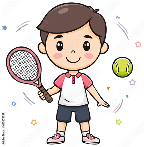 Boy with tennis racket and tennis ball, cartoon clipart vector illustration 