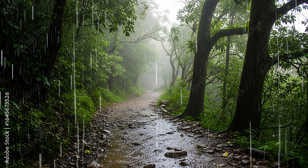 Obraz premium Rainy forest path with lush green trees and mist
