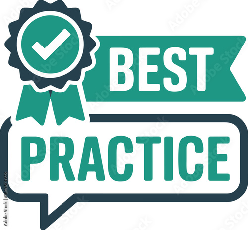 Best practice badge with checkmark and ribbon in green and white color scheme on a white background
