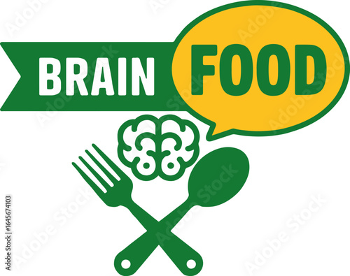 Brain food concept with a fork spoon and brain icon in green and yellow on a white background