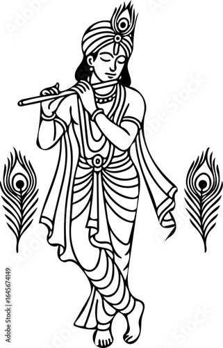 Lord Krishna Playing Flute – Traditional Indian Line Art Illustration with Peacock Feathers