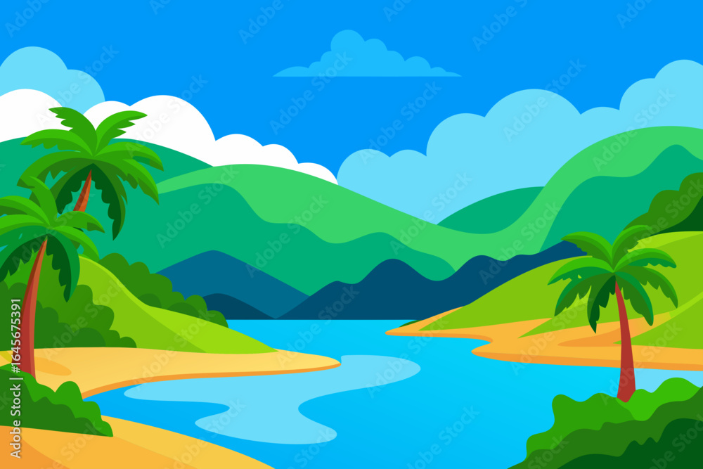Fototapeta premium Vibrant tropical landscape with palm trees and calm water