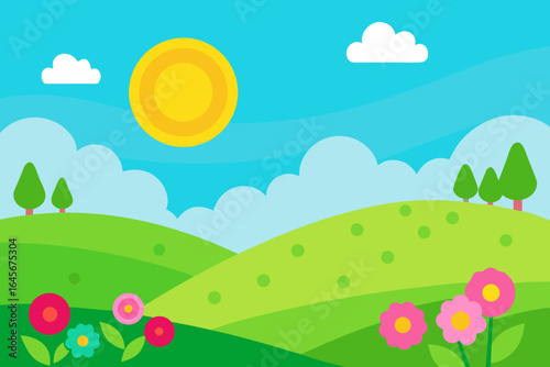 Bright sunny day over rolling green hills with flowers and trees