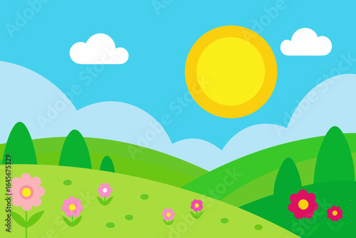 Sunny spring meadow with flowers and rolling hills