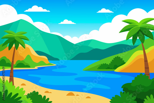 Vibrant tropical island landscape with palm trees and blue water