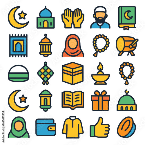 Ramadan icons depict various muslim symbols celebration eid isolated