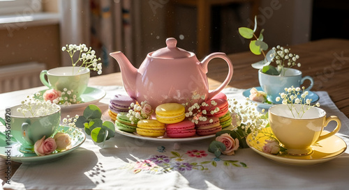 Colorful Tea Party Setup with Pastel Teapot, Delicate Flowers, and Delicious Macarons on Wooden Table During Bright Morning Light
