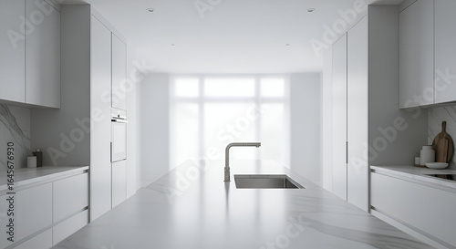 Modern Minimalist Kitchen Design with Sleek Countertop and Abundant Natural Light in Contemporary Home Interior