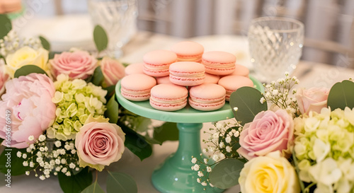 Elegant dessert table with pink macarons surrounded by fresh flowers in pastel colors, perfect for a wedding or special event celebration