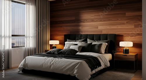Modern and Elegant Bedroom Design with Wood Accents, Cozy Bed Set, Soft Natural Light, and Stylish Lamps Created for Sophisticated Living Spaces