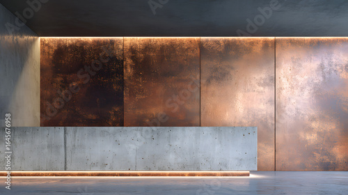 Modern interior with concrete reception desk and textured copper wall panels illuminated by warm L E D lighting