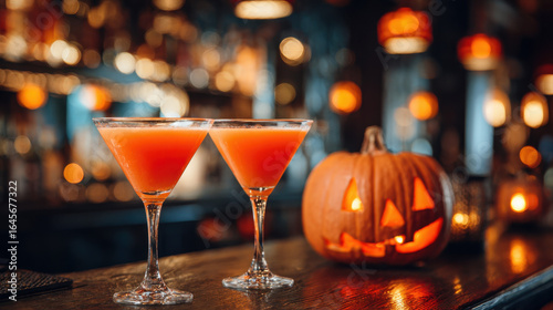 Halloween Cocktails with Pumpkin Faces in Cozy Bar – Spooky Party Drink Concept