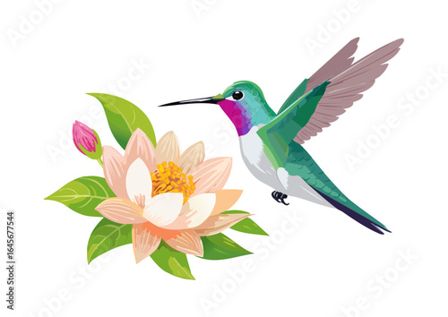 Vibrant hummingbird hovering near a blooming flower