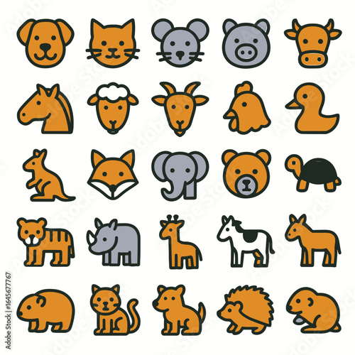 Cute animal faces pose icons cartoon style zoo vector art