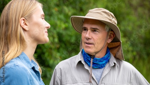 Engaging conversation between two people in nature outdoor setting lifestyle close-up perspective