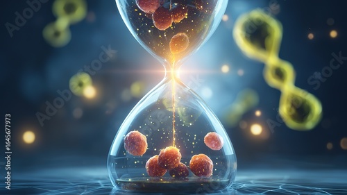 Creative concept of translucent hourglass transforming decaying cells into glowing new structures, symbolizing cellular regeneration
