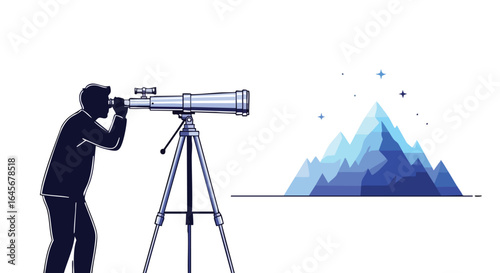 Businessman with telescope looking towards future goals and vision.
