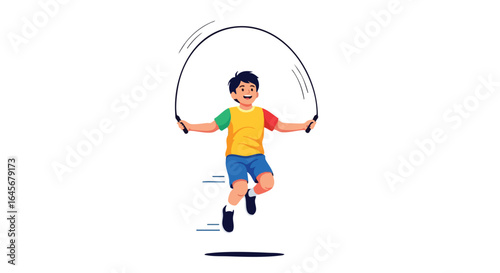 Cheerful young boy happily jumping with a skipping rope.