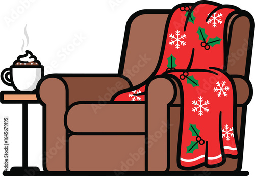 Cozy Christmas armchair, Holiday Relaxation Scene, Winter Warmth & Hot Cocoa, Christmas Comfort & Hot Drink, Festive armchair with blanket
