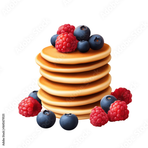 Delicious Stack of Fluffy Pancakes Topped with Fresh Raspberries and Blueberries in a Bright and Inviting Setting on transparent background