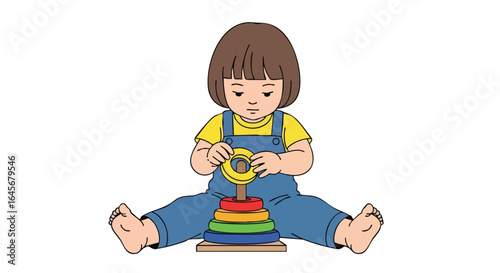 Child with Down syndrome playing with a colorful stacking toy.