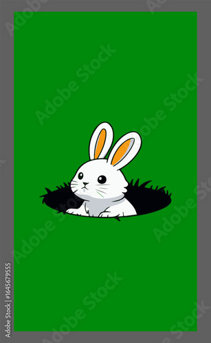 Curious Bunny Peek – Whimsical Illustration of a White Rabbit Emerging from a Hole on Green for Kids’ Decor and Seasonal Merch