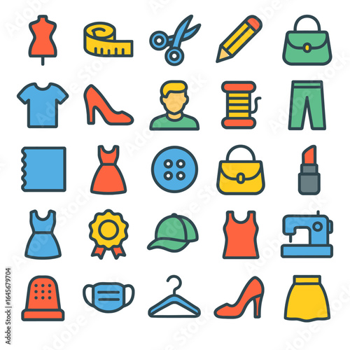 Sewing objects displayed represent garment manufacturing tailoring theme