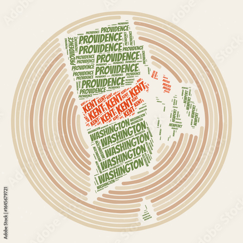 Rhode Island Round Poster. Typography style image of State. Counties word clouds of Rhode Island. Vintage image design with scratch texture.