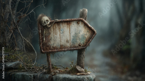 Rusty Arrow Sign with Skull in Haunted Forest