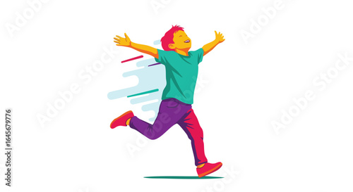 Colorful pop art illustration of a happy boy running.