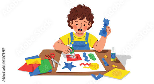 Creative Boy Making a Paper Collage Application.