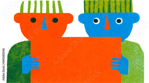 Isolate, vector illustration, two funny creative people hold a postcard, Freaks style, design element, vector graphics for sites, landing pages, advertising, web design